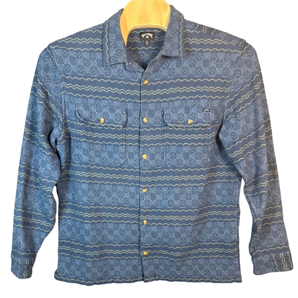 Billabong Mens XL Blue Jacquard Woven Geometric Wave Button Down Shirt